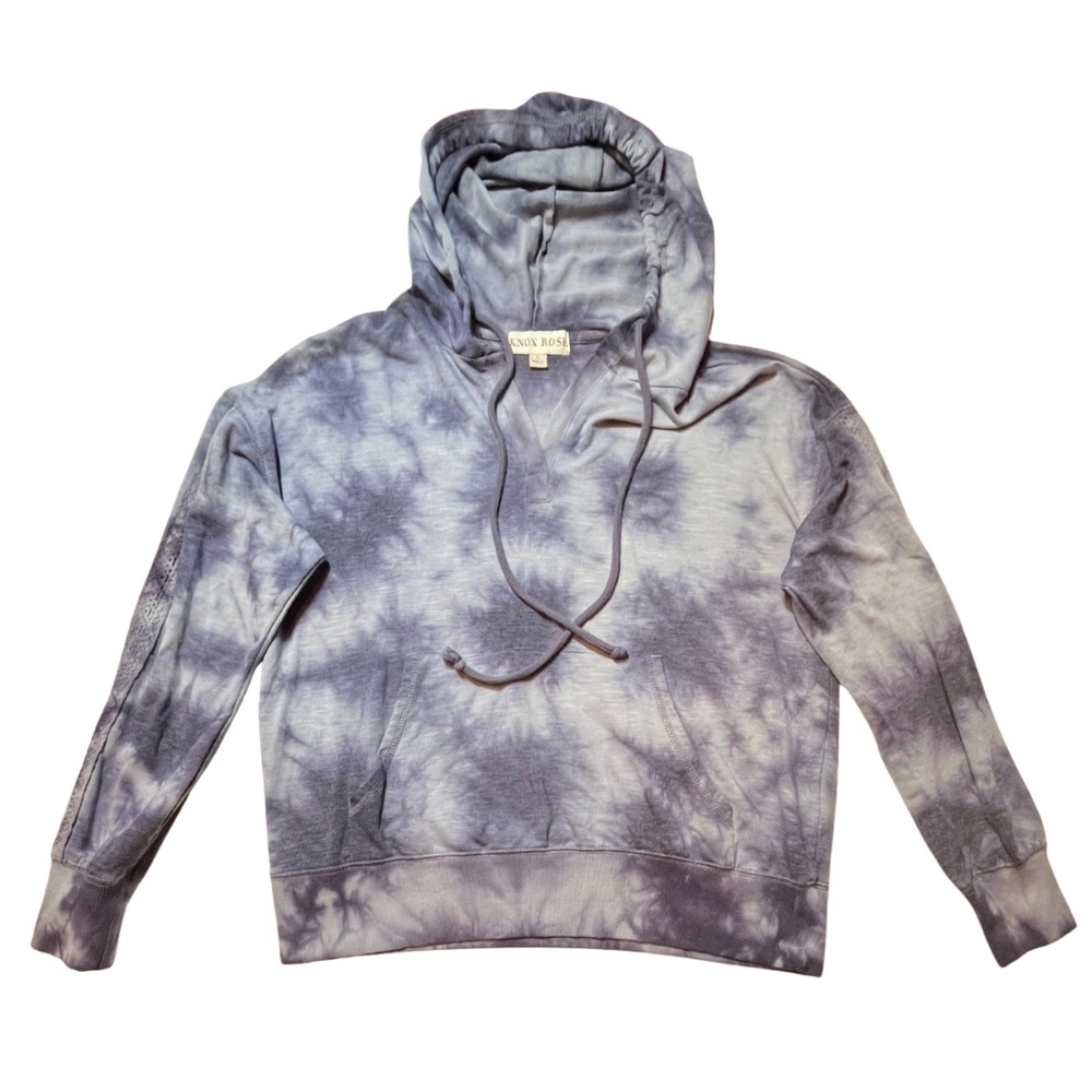 Knox Rose‎ Hoodie L Crochet Sleeve Blue Tie Dye Pullover Boho Loungewear Cozy
